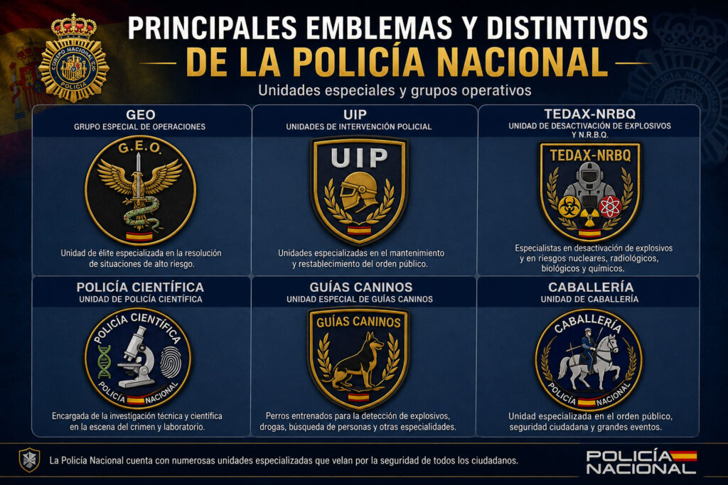 Emblemas y distintivos de las principales unidades de la Policía Nacional de España: GEO, UIP, TEDAX-NRBQ, Policía Científica, Guías Caninos y Caballería.
