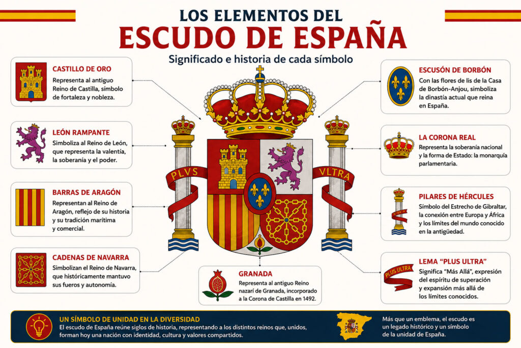 Infografía explicativa de los elementos del escudo de España con Castilla, León, Aragón, Navarra, Granada, Corona Real y Columnas de Hércules