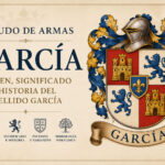 Escudo de armas del apellido García con símbolos heráldicos tradicionales y representación del origen e historia del linaje García