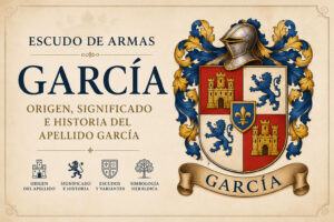 Escudo de armas del apellido García con símbolos heráldicos tradicionales y representación del origen e historia del linaje García