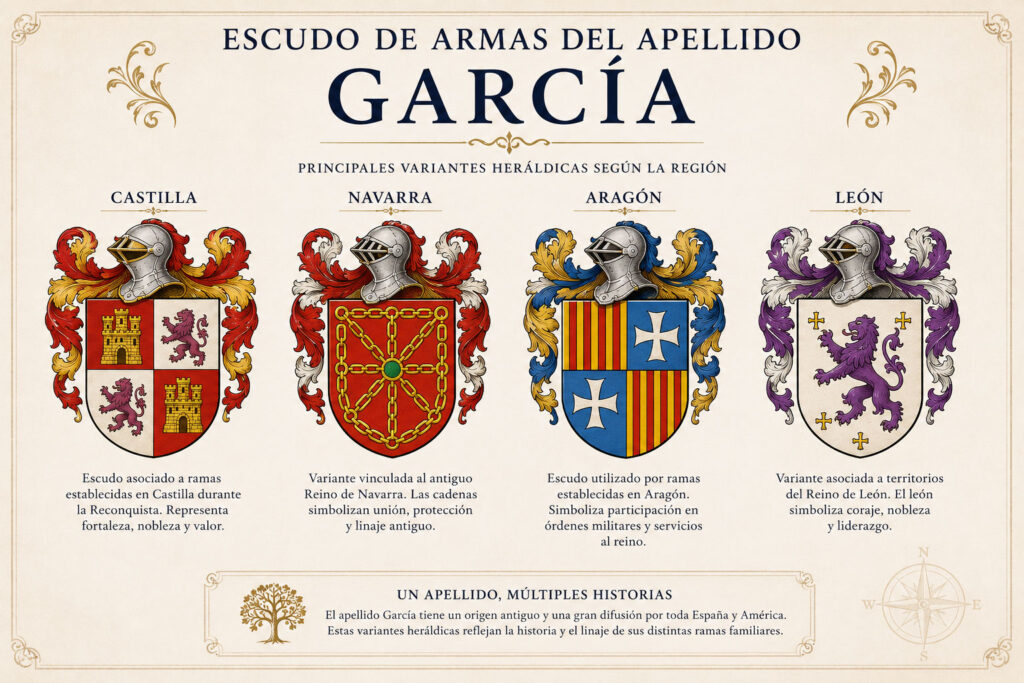 Principales variantes heráldicas del apellido García en Castilla, Navarra, Aragón y León con sus respectivos escudos de armas