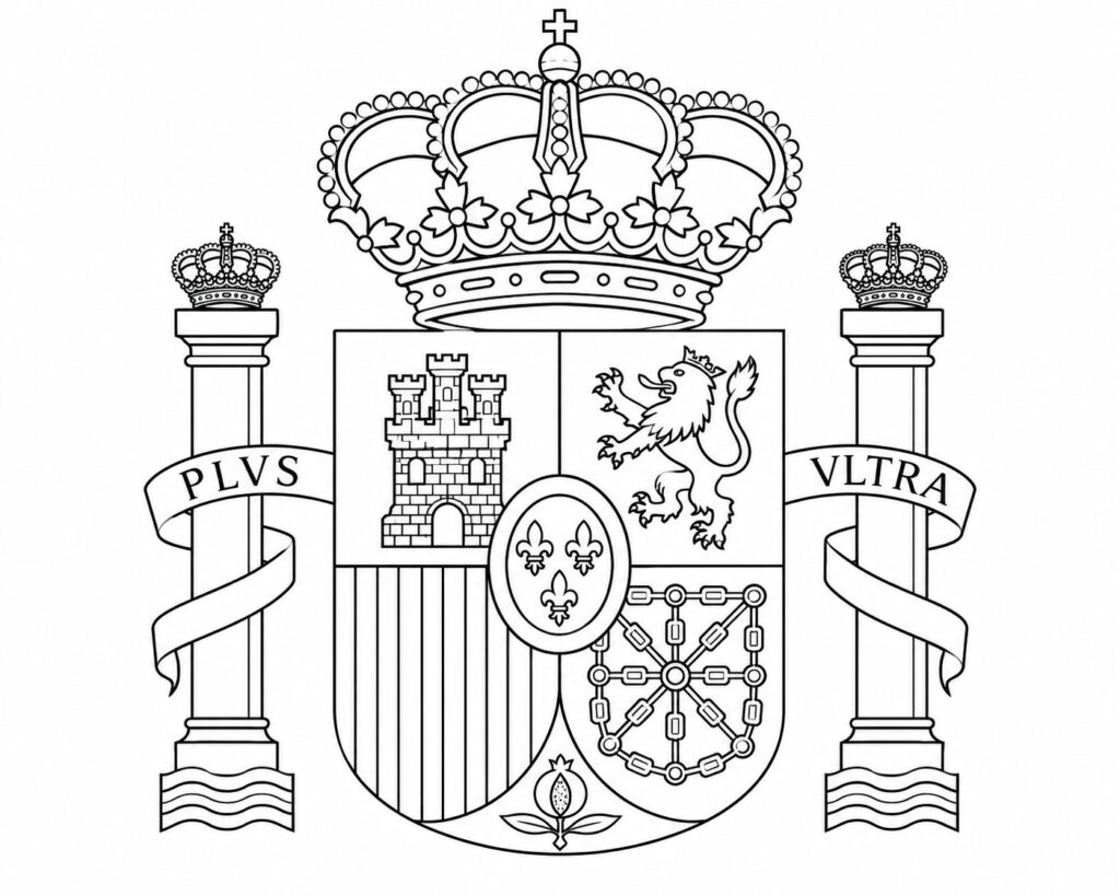 Escudo de España para colorear con corona real, columnas de Hércules y símbolos de Castilla, León, Aragón, Navarra y Granada