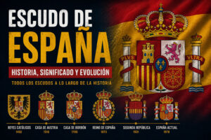 Escudo de España actual junto a la evolución histórica desde los Reyes Católicos hasta la actualidad