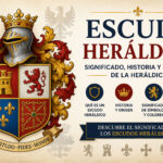 Escudo heráldico medieval con símbolos heráldicos, colores, corona, león, flor de lis y elementos tradicionales de la heráldica familiar