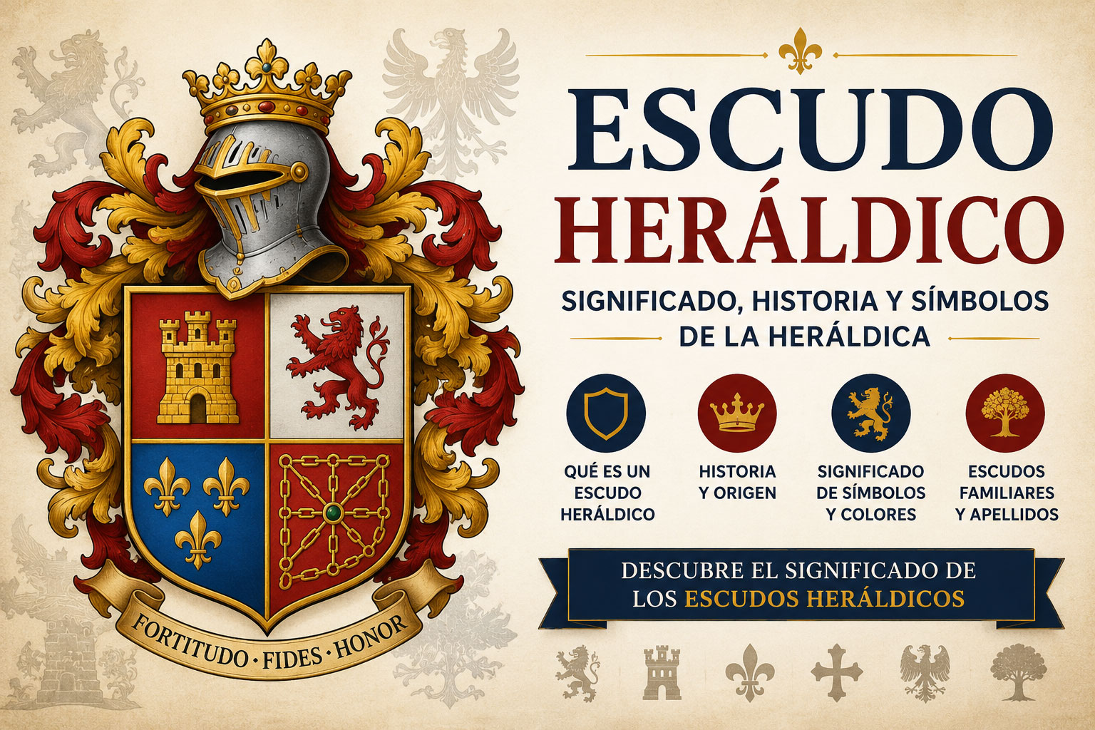 Escudo heráldico medieval con símbolos heráldicos, colores, corona, león, flor de lis y elementos tradicionales de la heráldica familiar