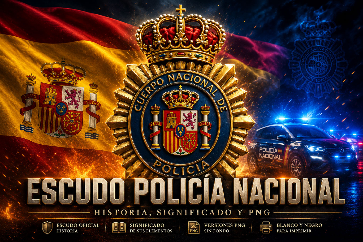 Escudo oficial de la Policía Nacional de España con diseño institucional y efectos visuales, representando la historia, significado y versiones PNG del emblema policial.