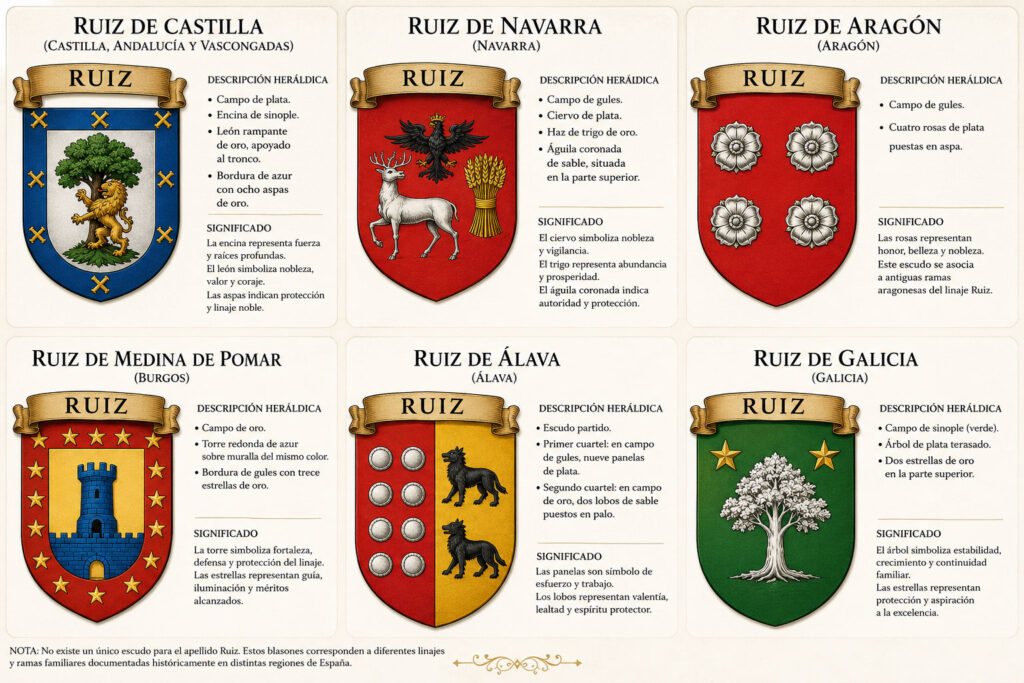 Escudos heráldicos del apellido Ruiz en Álava, Galicia, Navarra, Aragón y Medina de Pomar