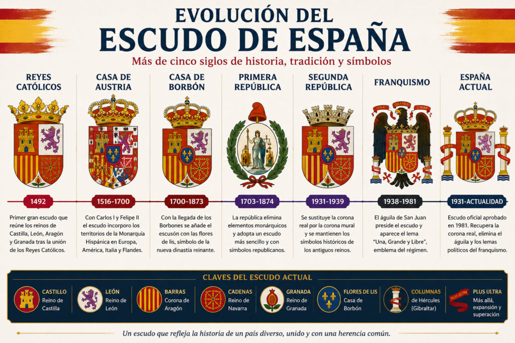 Infografía sobre la evolución del escudo de España desde los Reyes Católicos hasta el escudo oficial actual